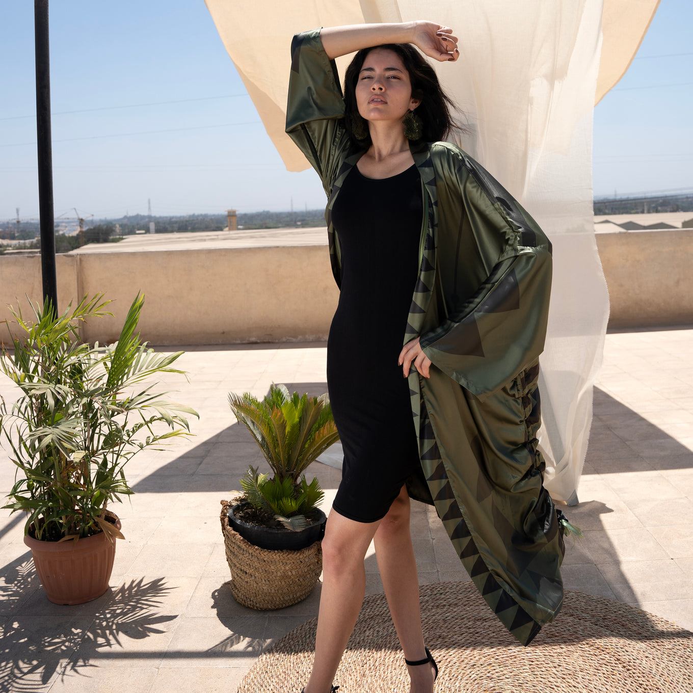 Peri Kimono, Grayscale on Olive - LABOGA