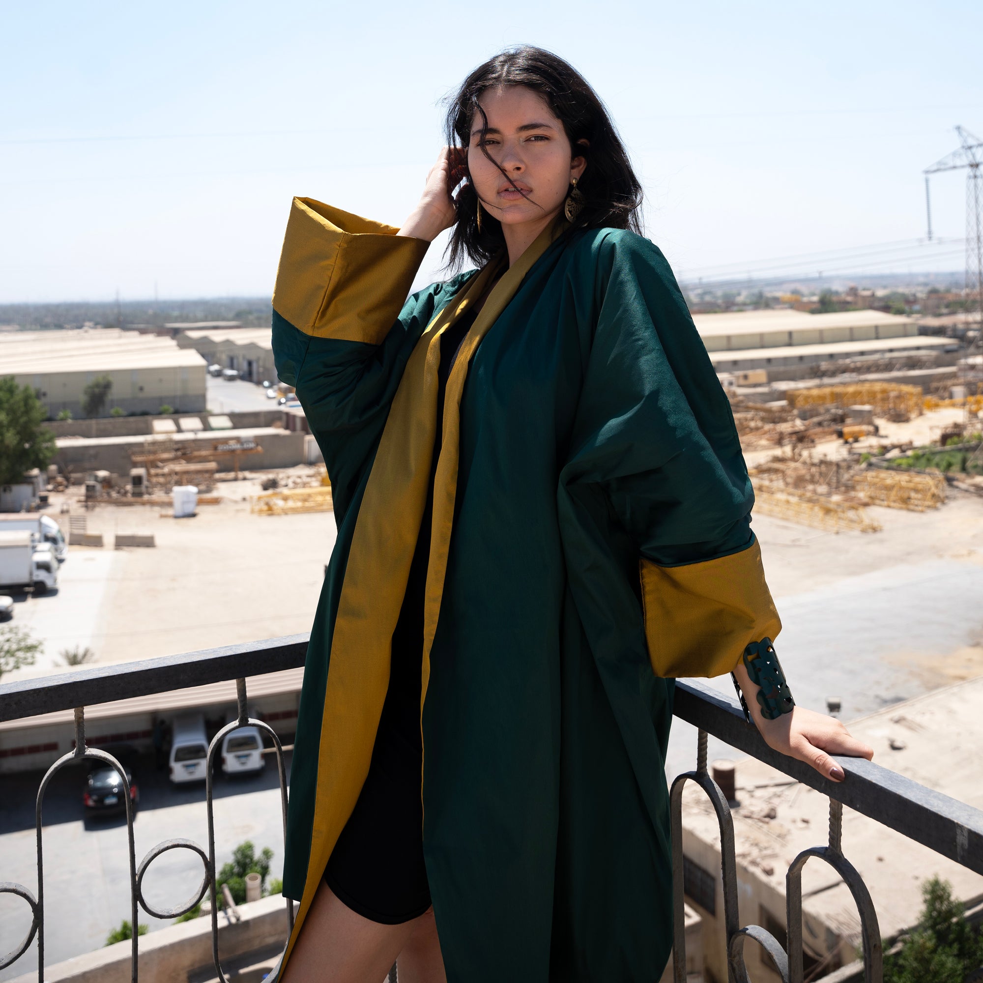Amal Overcoat, Emerald Green with Mustard - LABOGA