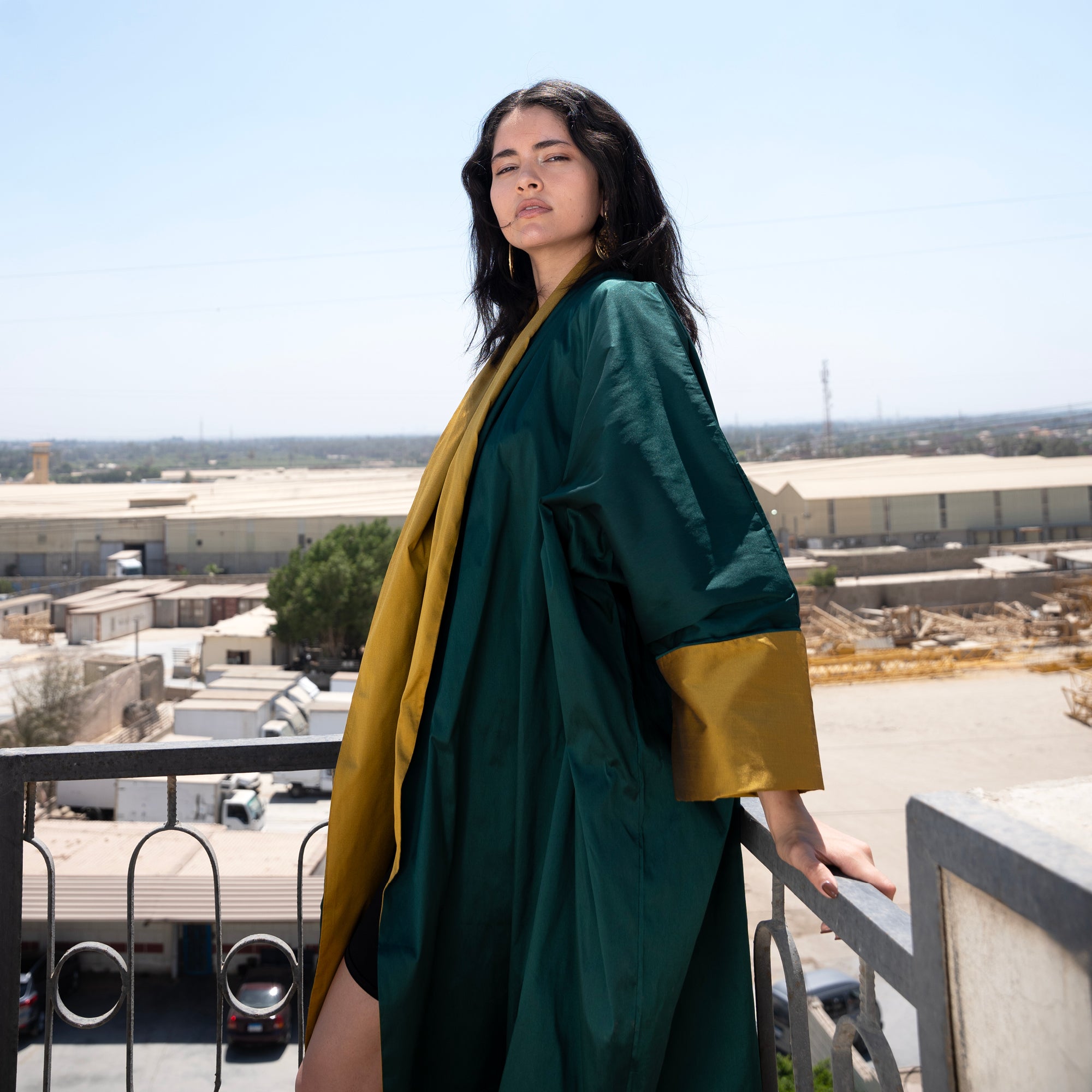 Amal Overcoat, Emerald Green with Mustard - LABOGA