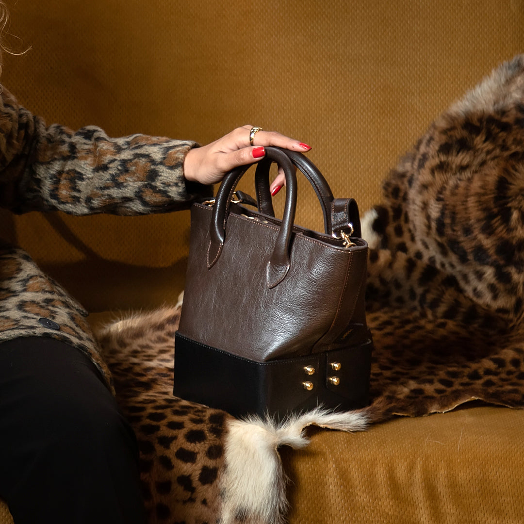 Mini Boxi - Brown Smooth Leather on Black Smooth Leather - LABOGA