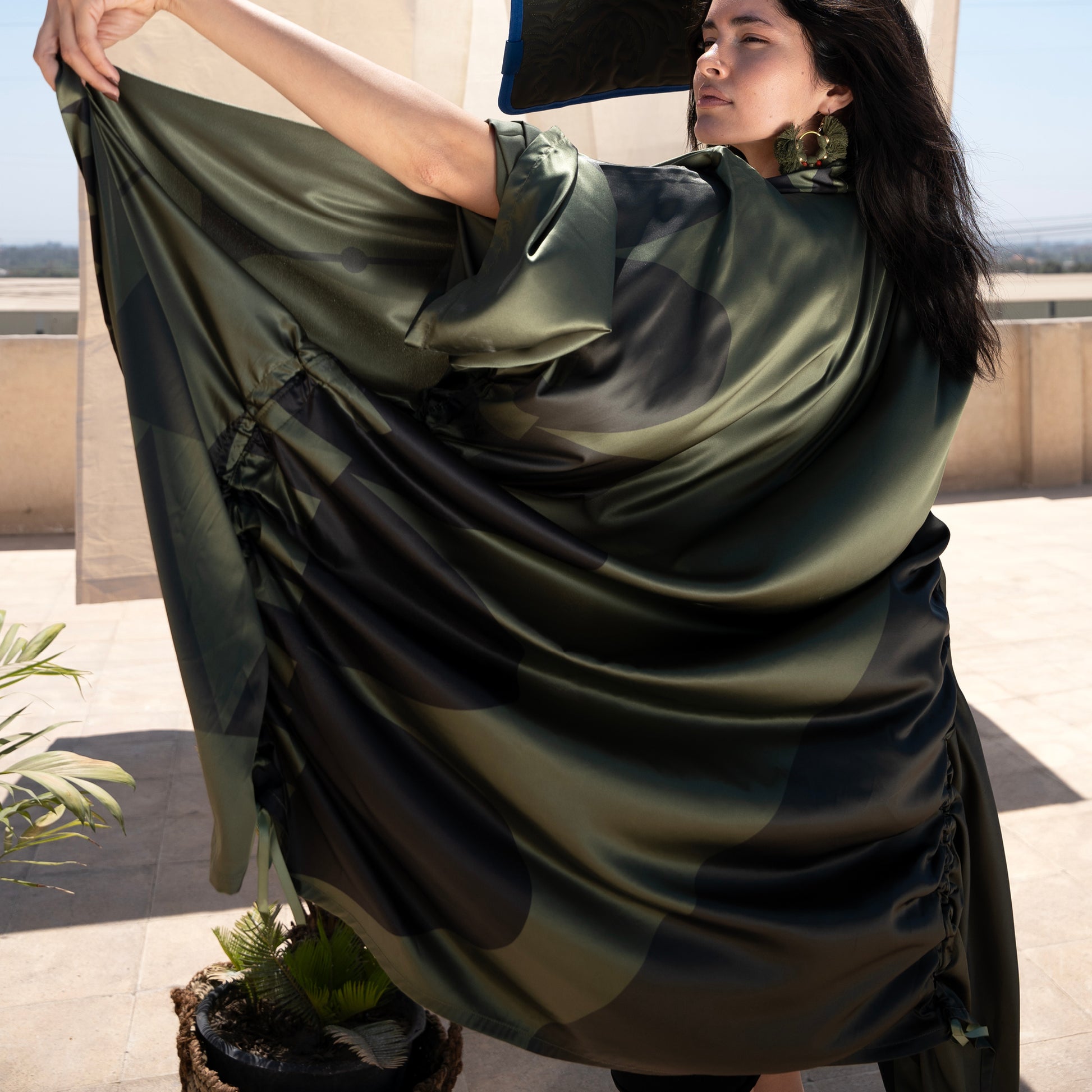 Peri Kimono, Grayscale on Olive - LABOGA