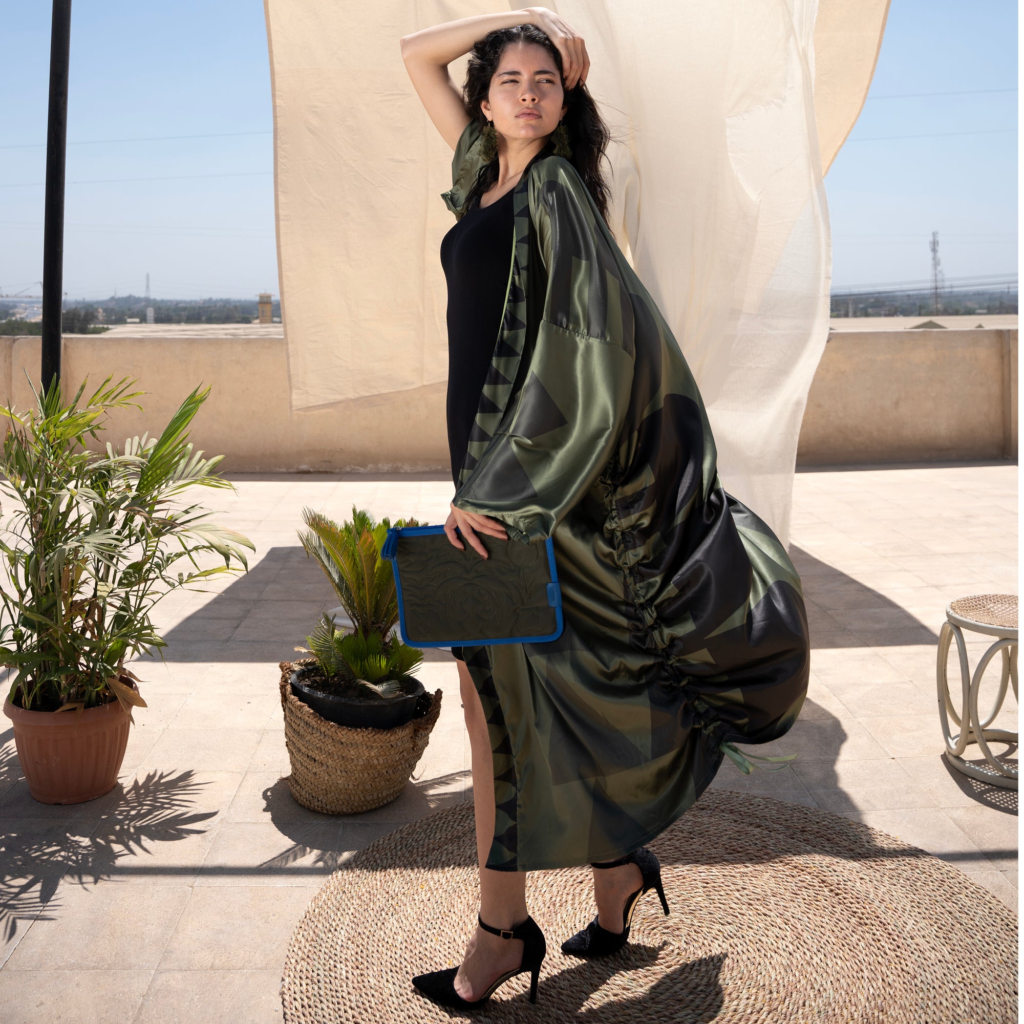 Peri Kimono, Grayscale on Olive - LABOGA