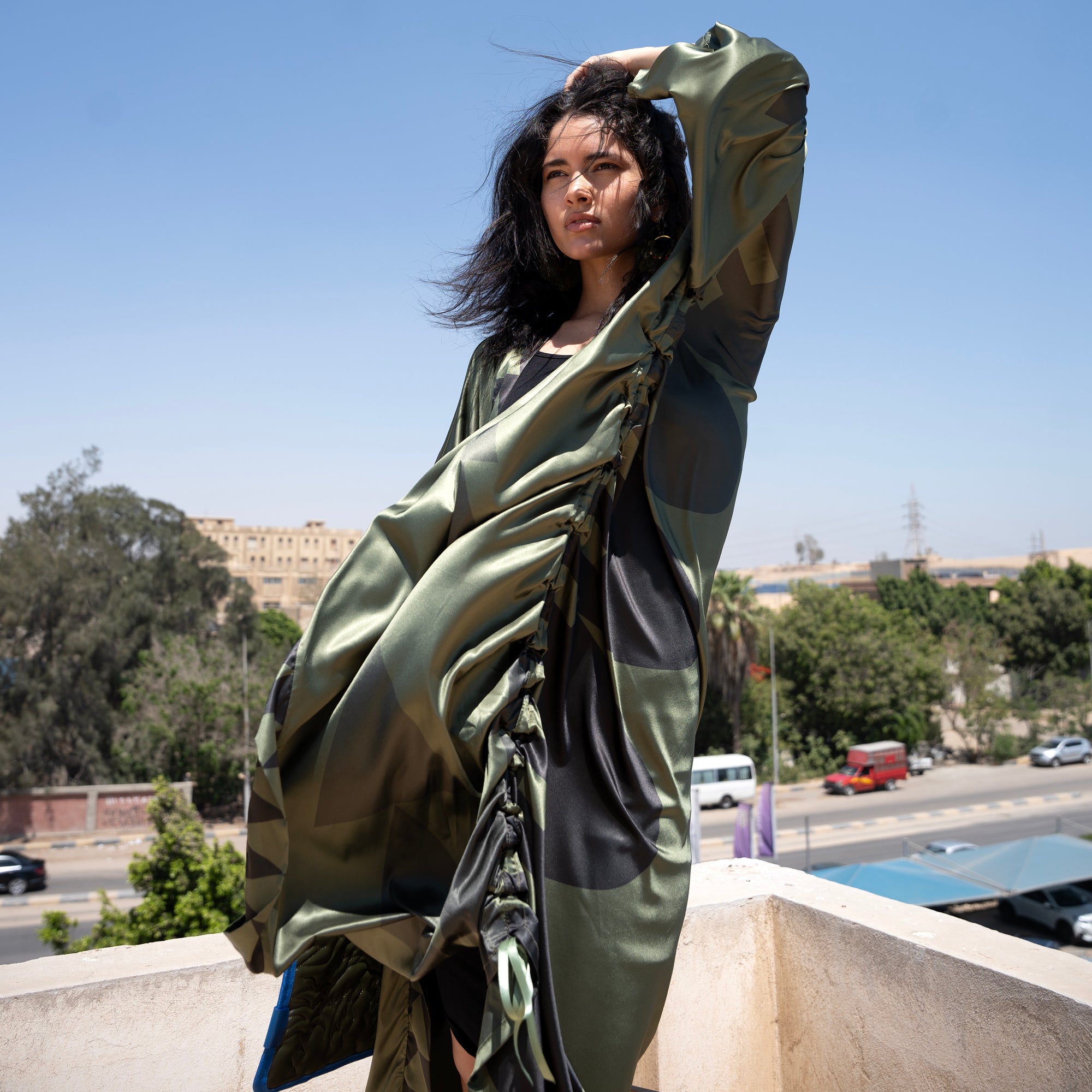 Peri Kimono, Grayscale on Olive - LABOGA